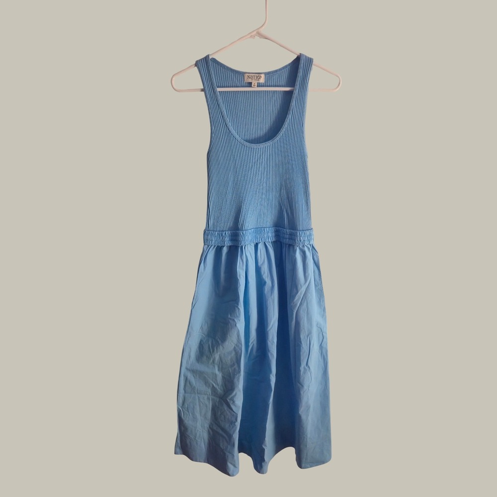Nation LTD Anthropologie Sadelle Mixed Media Midi Dress Blue Drop Waist S NWT
